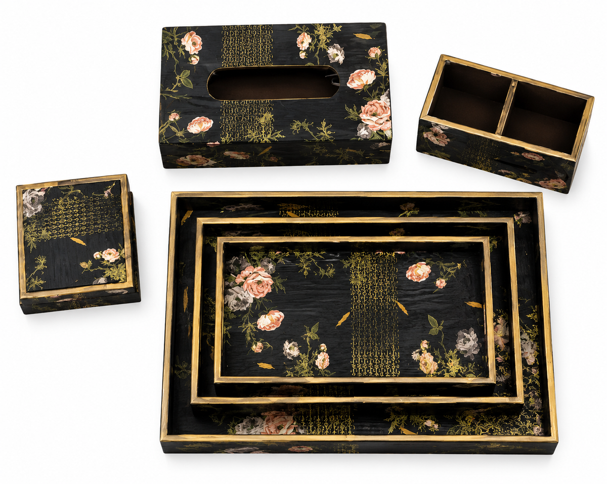 Midnight Bloom Luxe Desk & Home Organiser Collection | 6-Piece Wooden Gift Set