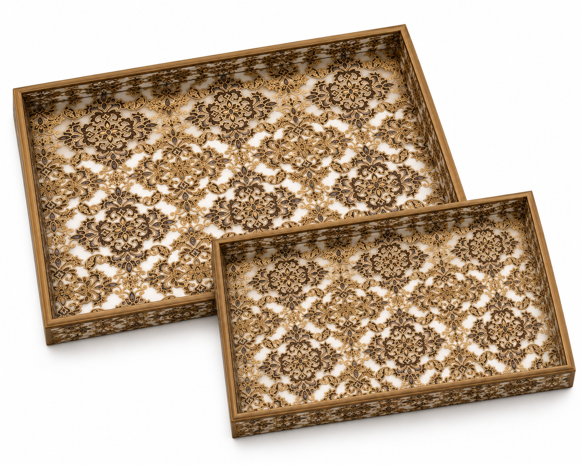 Vintage Regal Damask Luxe Serving Tray Set | 2-Piece Wooden Gift Set