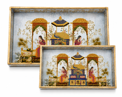 Royal Rajasthani Pavilion Luxe Serving Tray Set | 2-Piece Wooden Gift Set