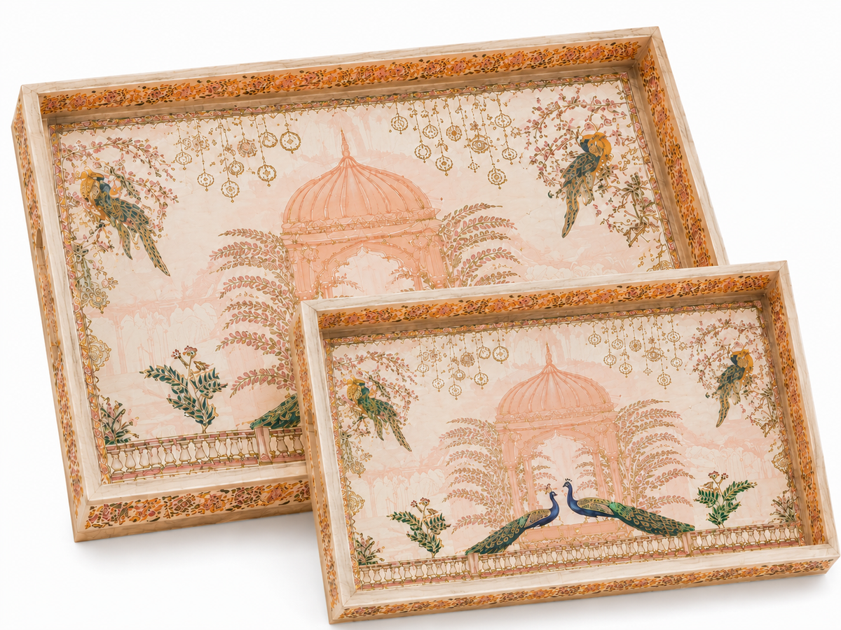 Royal Peacock Pavilion Luxe Serving Tray Set | 2-Piece Wooden Gift Set