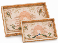 Royal Peacock Pavilion Luxe Serving Tray Set | 2-Piece Wooden Gift Set