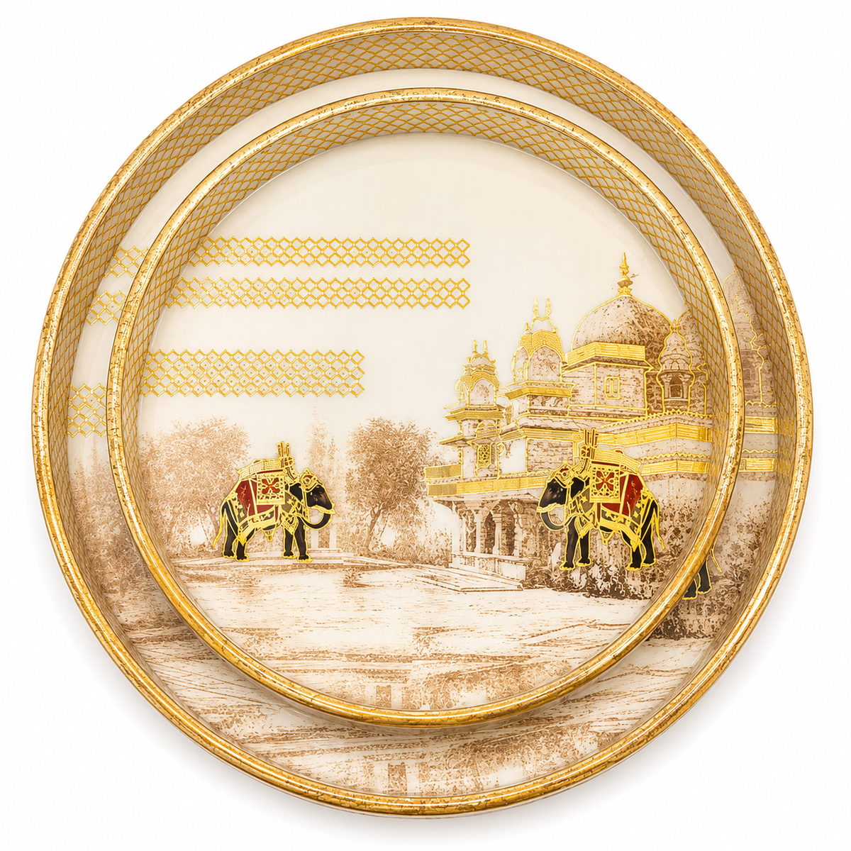 Royal Elephant Palace Luxe Round Serving Tray Set | 2-Piece Wooden Gift Set