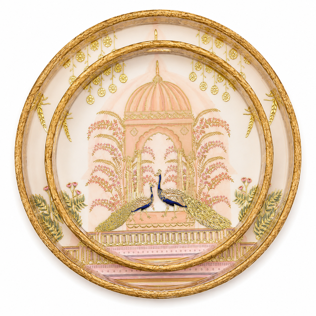 Twin Peacock Dome Luxe Round Serving Tray Set | 2-Piece Wooden Gift Set