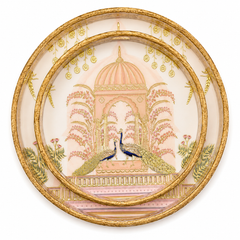 Twin Peacock Dome Luxe Round Serving Tray Set | 2-Piece Wooden Gift Set