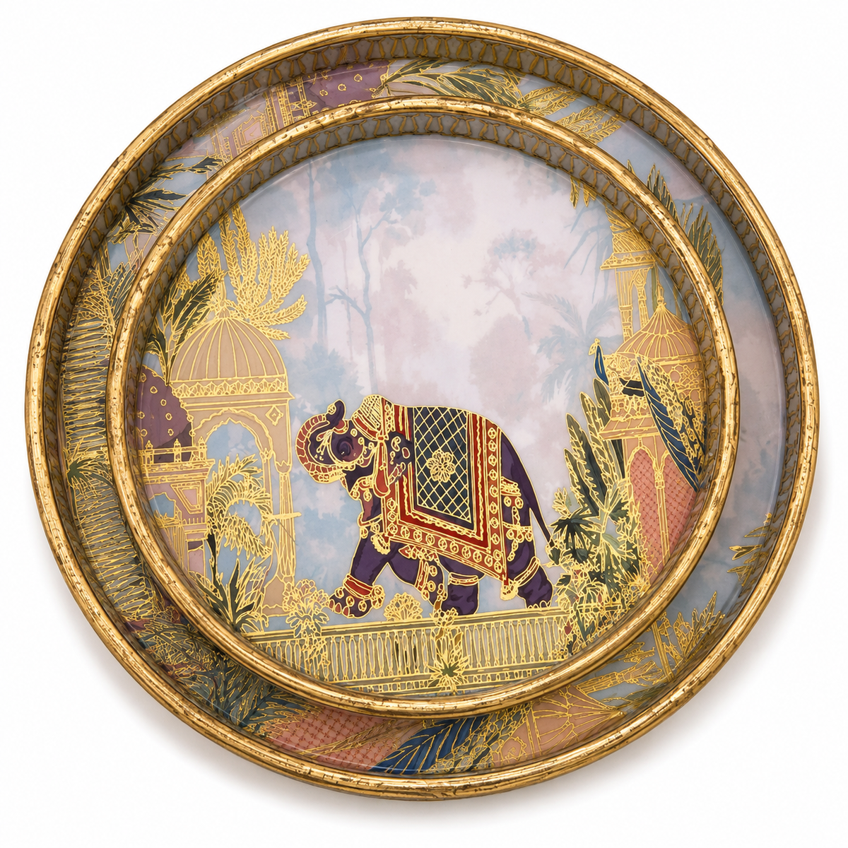 Royal Elephant & Peacock Dome Luxe Round Serving Tray Set | 2-Piece Wooden Gift Set