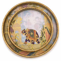 Royal Elephant & Peacock Dome Luxe Round Serving Tray Set | 2-Piece Wooden Gift Set