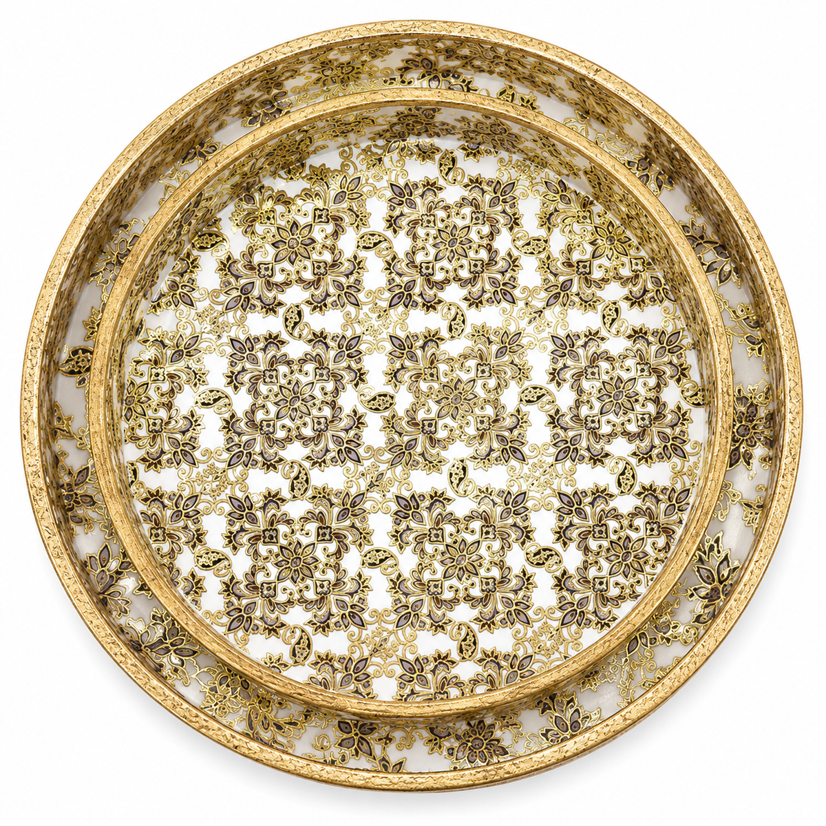 Gold Damask Elegance Luxe Round Serving Tray Set | 2-Piece Wooden Gift Set