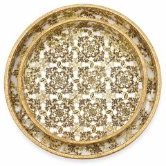 Gold Damask Elegance Luxe Round Serving Tray Set | 2-Piece Wooden Gift Set