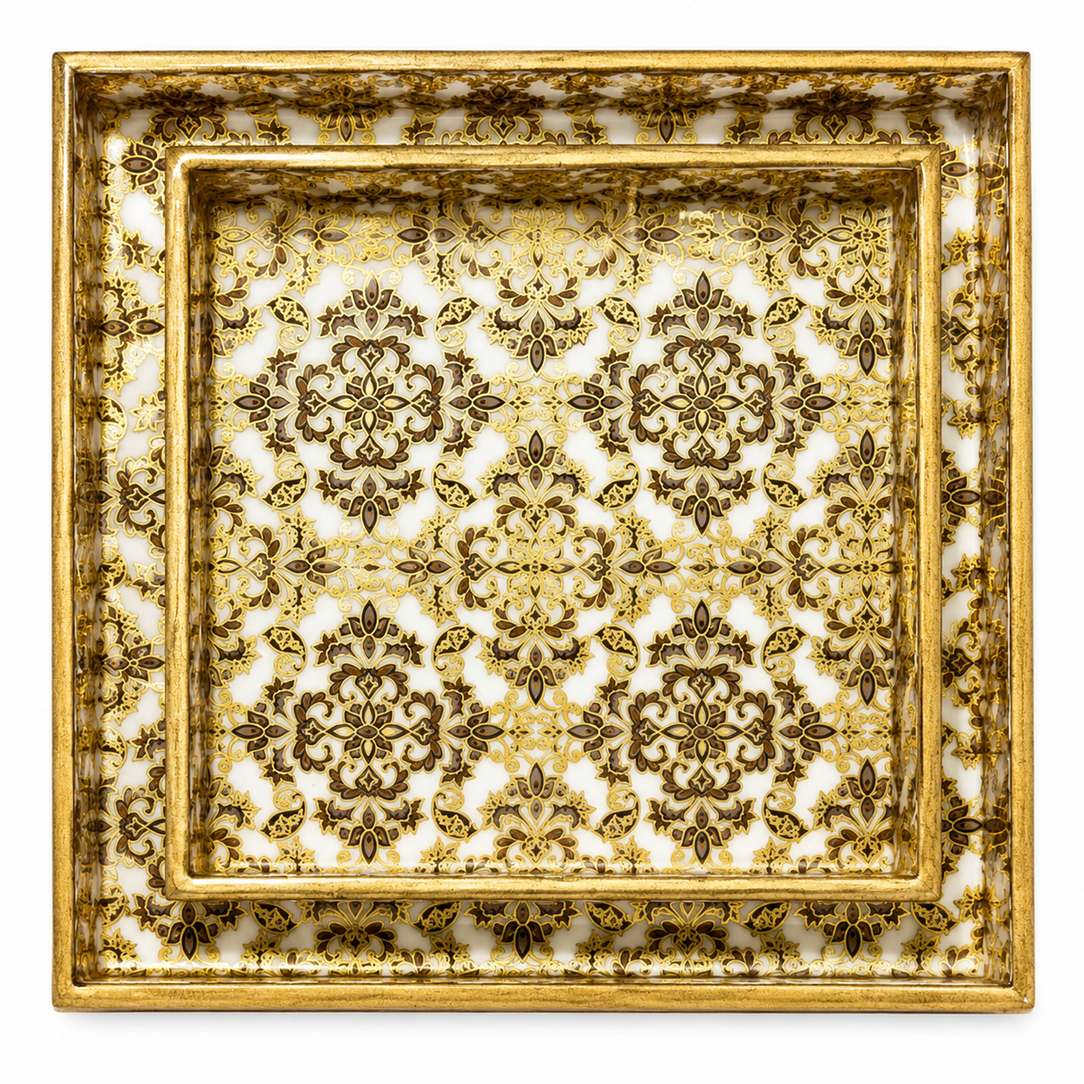 Gold Damask Heritage Luxe Square Serving Tray Set | 2-Piece Wooden Gift Set