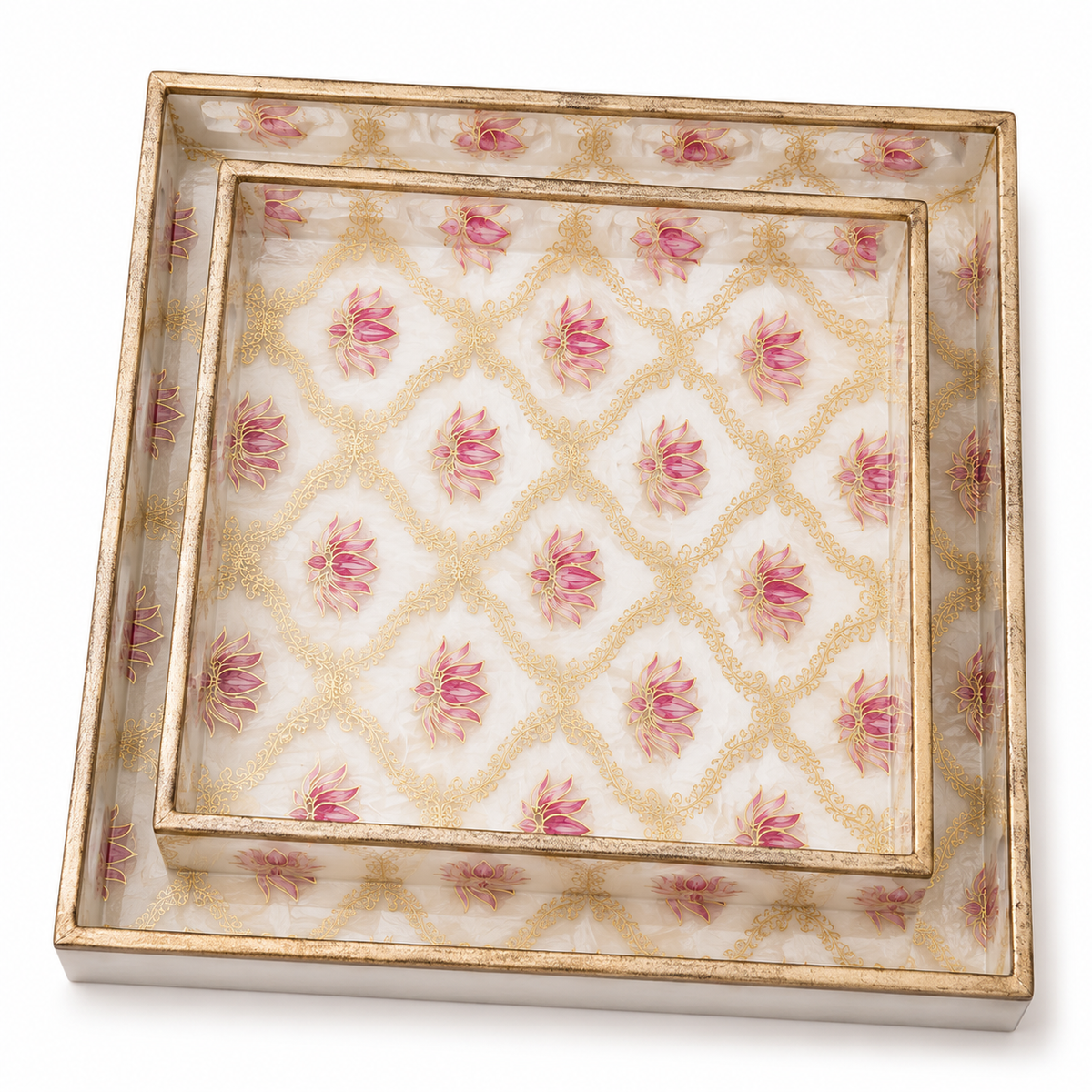 Blush Lotus Trellis Luxe Square Serving Tray Set | 2-Piece Wooden Gift Set