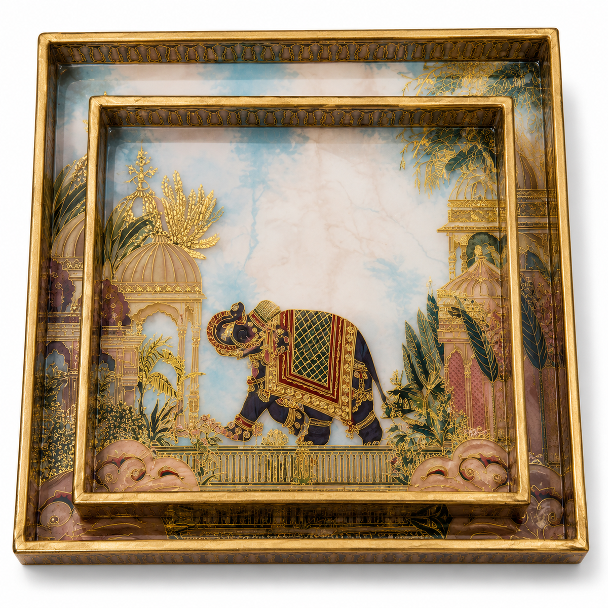 Royal Elephant Heritage Luxe Square Serving Tray Set | 2-Piece Wooden Gift Set