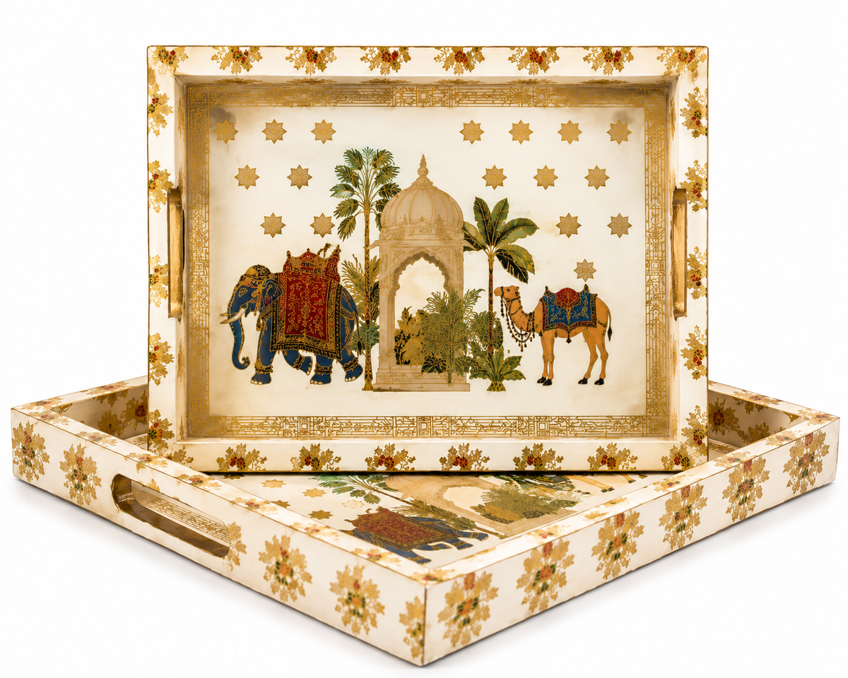 Royal Elephant & Camel Palace Wooden Nesting Serving Tray Set | 2-Piece