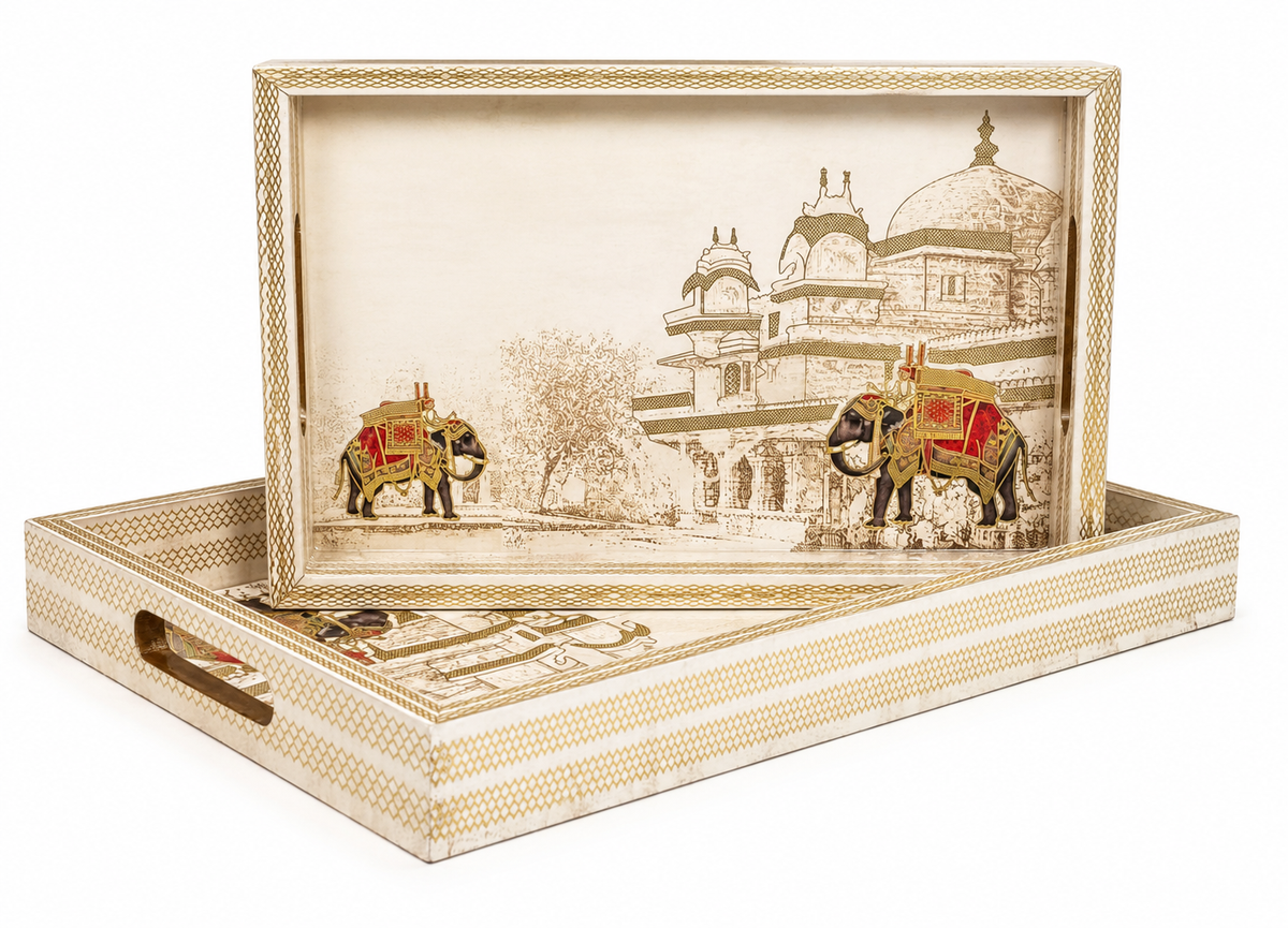 Royal Elephant Palace Heritage Wooden Nesting Serving Tray Set | 2-Piece