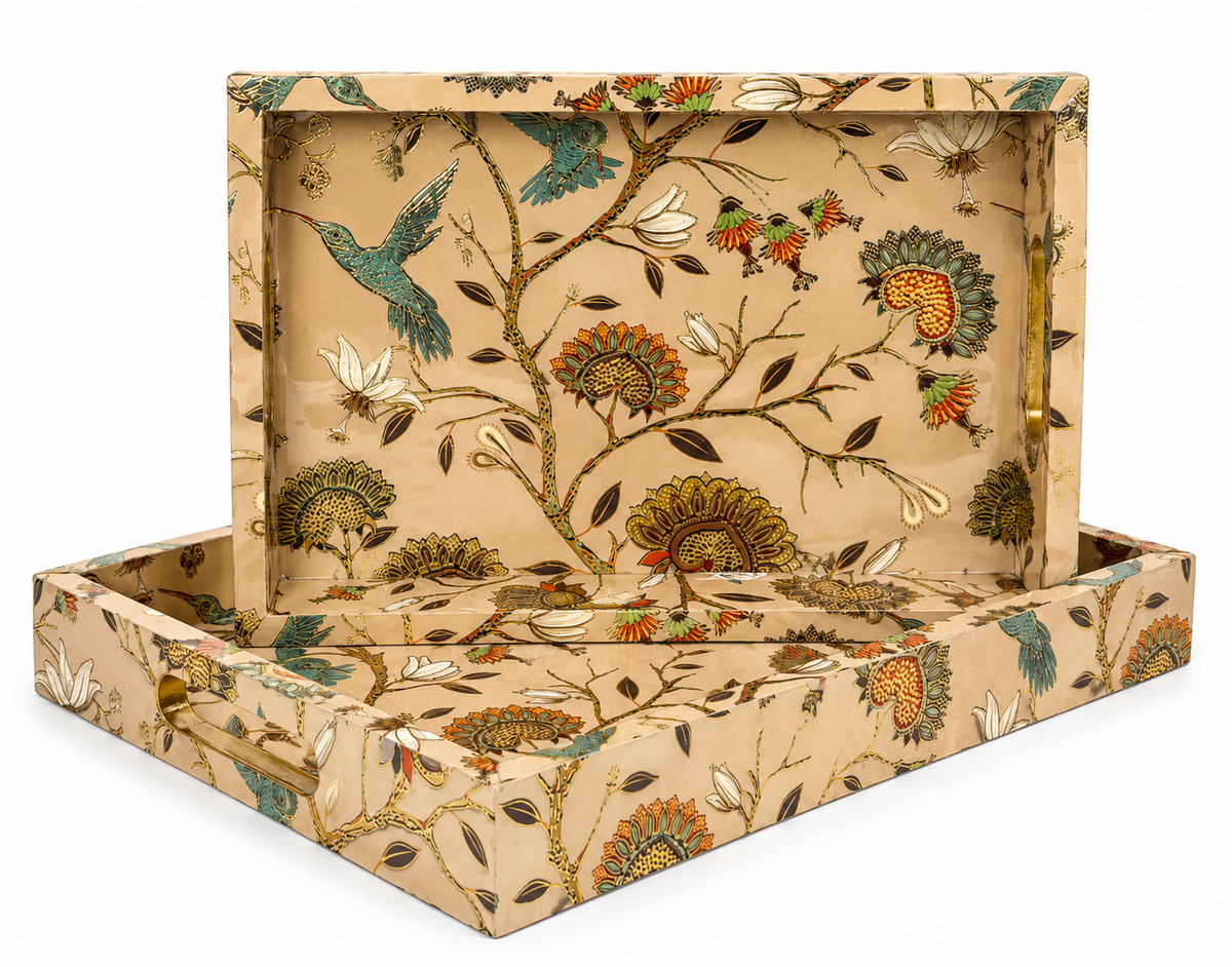 Botanical Wooden Nesting Serving Tray Set | 2-Piece