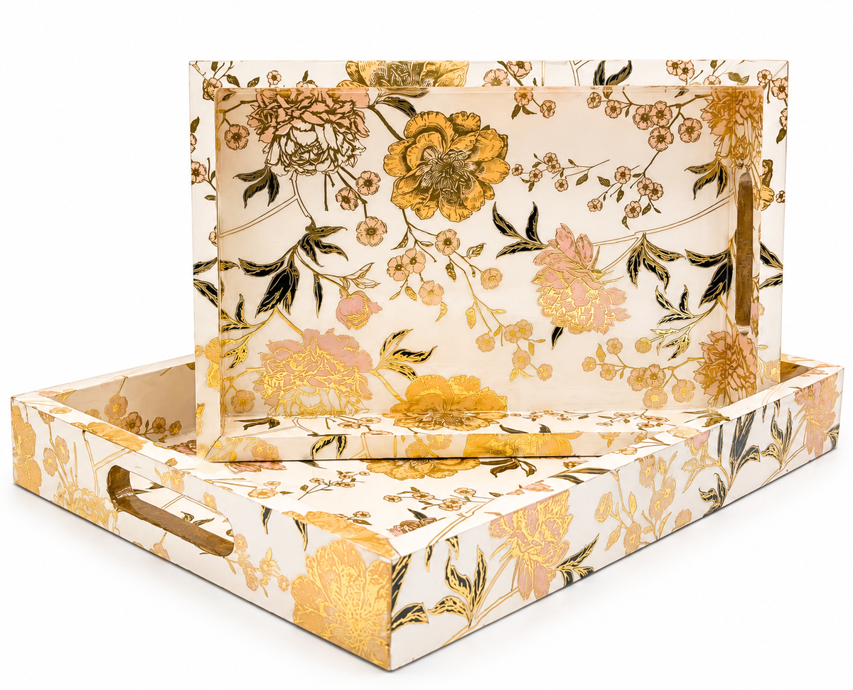 Gold Blossom Elegance Wooden Nesting Serving Tray Set | 2-Piece