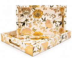 Gold Blossom Elegance Wooden Nesting Serving Tray Set | 2-Piece