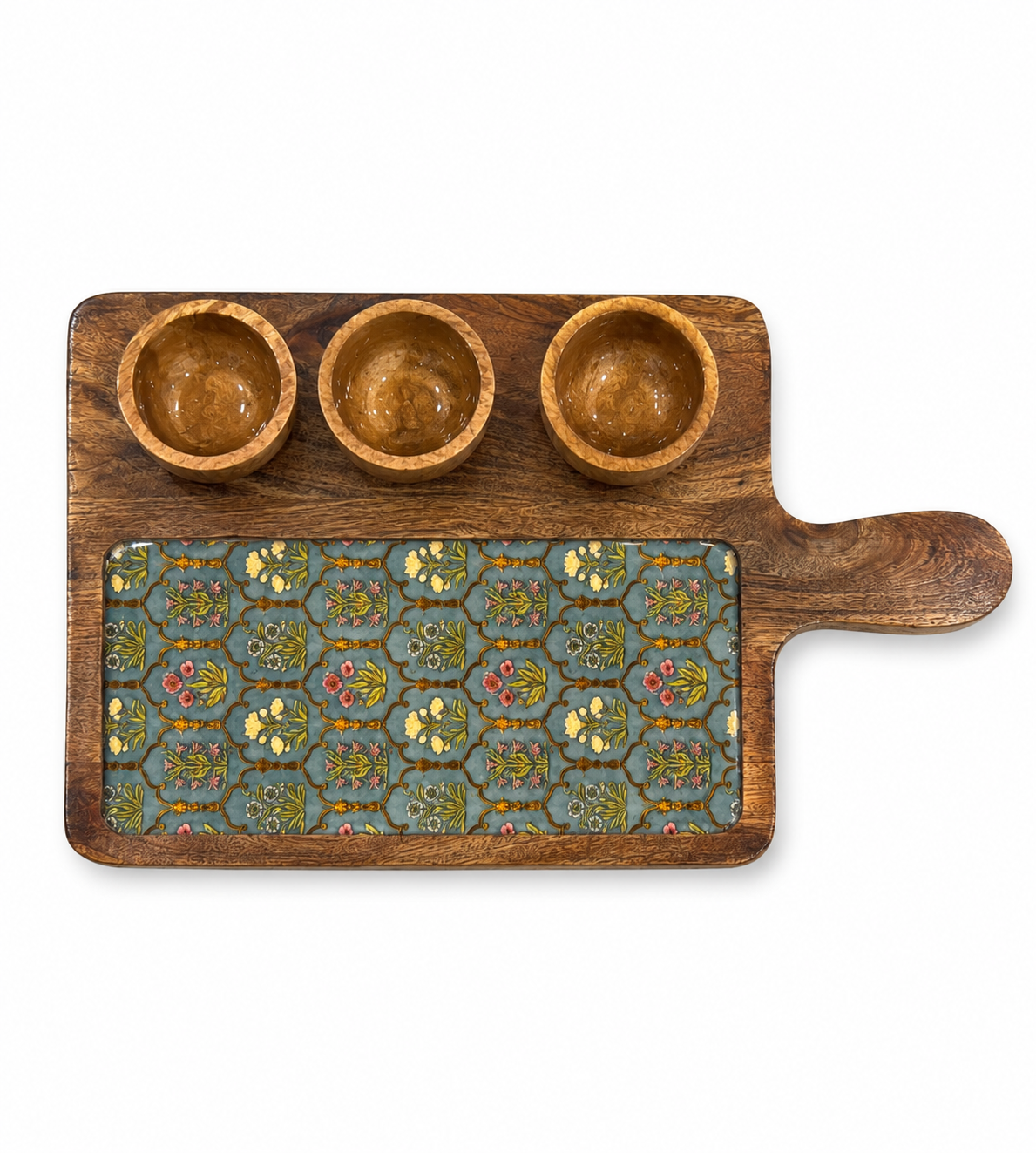 Vintage Botanical Wooden Entertaining Platter with Dip Bowls | 4-Piece Serving Set
