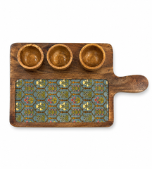 Vintage Botanical Wooden Entertaining Platter with Dip Bowls | 4-Piece Serving Set