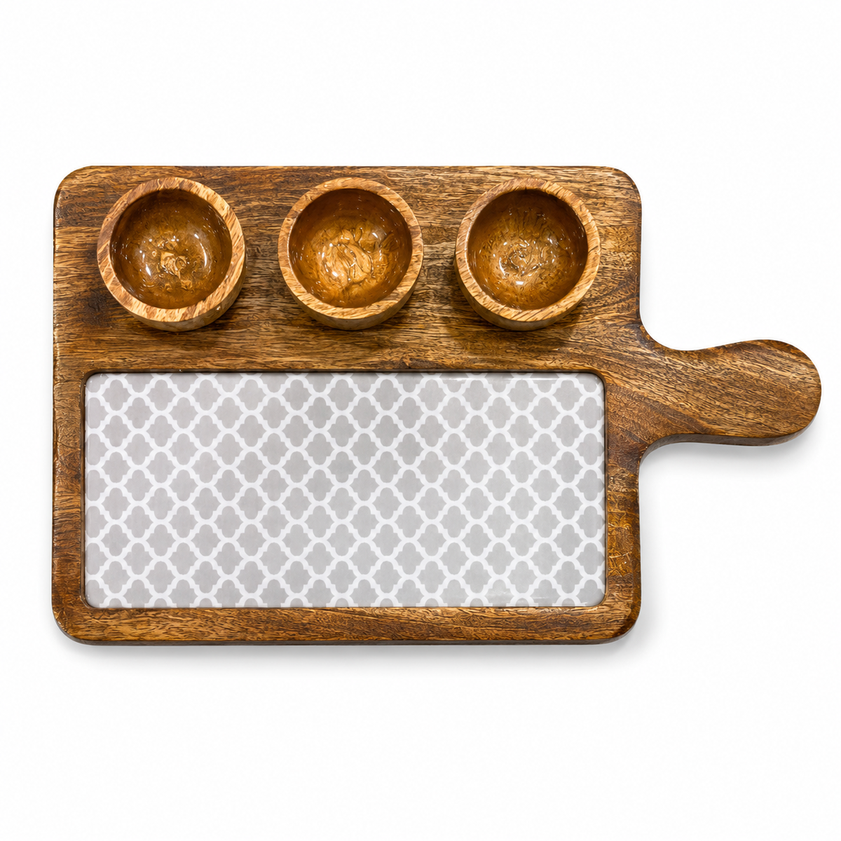 Grey Trellis Wooden Entertaining Platter with Dip Bowls | 4-Piece Serving Set