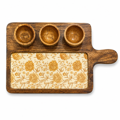 Gold Bloom Wooden Entertaining Platter with Dip Bowls | 4-Piece Serving Set
