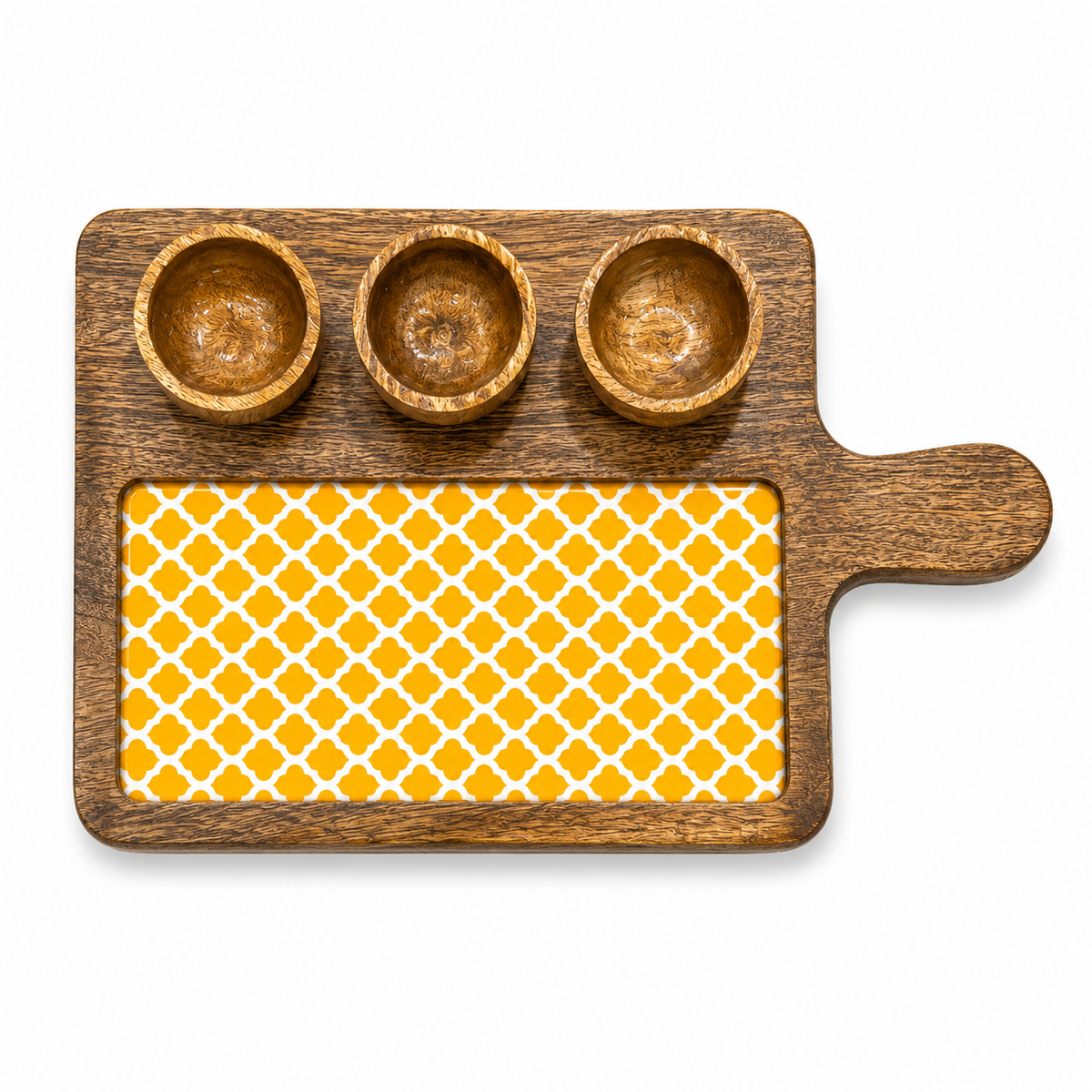 Amber Trellis Wooden Entertaining Platter with Dip Bowls | 4-Piece Serving Set