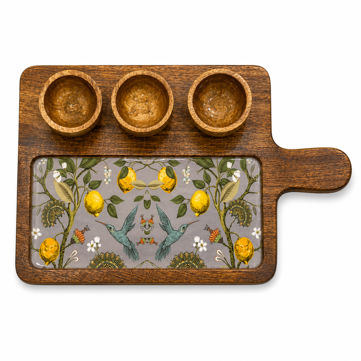 Lemon Botanical Wooden Entertaining Platter with Dip Bowls | 4-Piece Serving Set