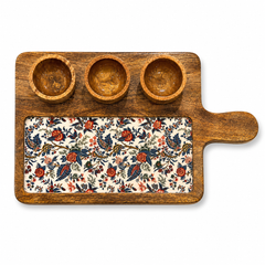 Ivory Red Botanical Wooden Entertaining Platter with Dip Bowls | 4-Piece Serving Set