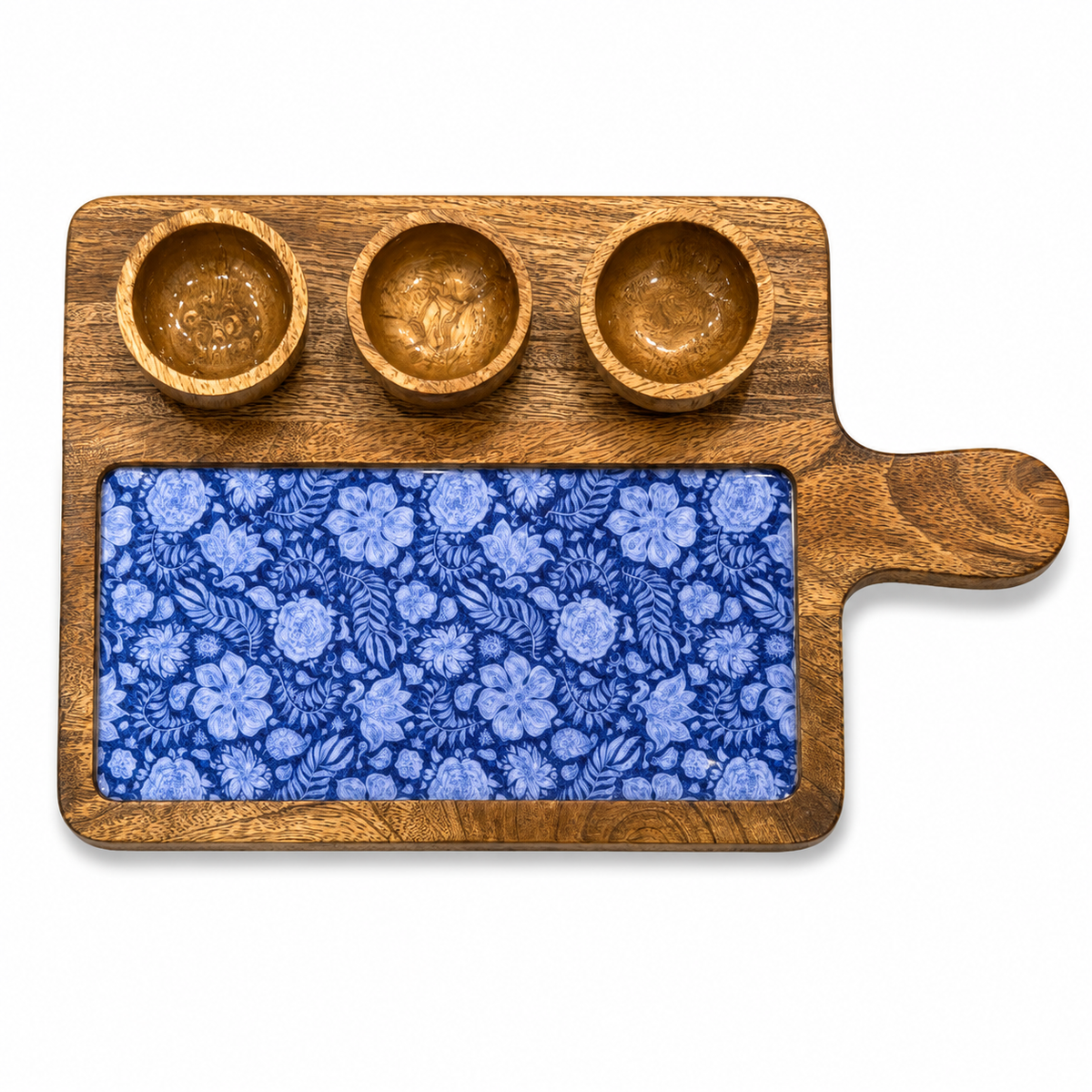 Azure Bloom Wooden Entertaining Platter with Dip Bowls | 4-Piece Serving Set