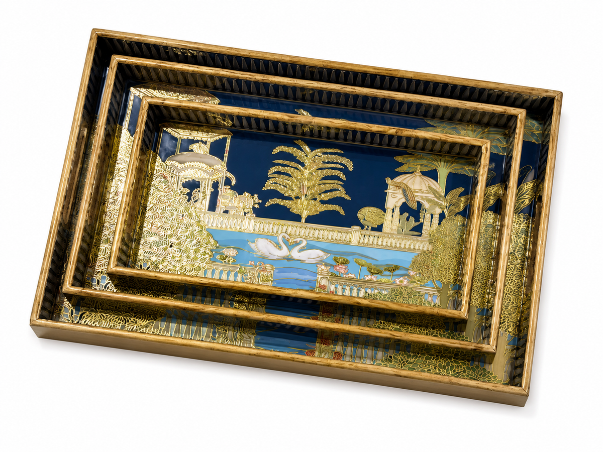 Royal Swan Garden Rectangular Wooden Nesting Serving Tray Set | 3-Piece
