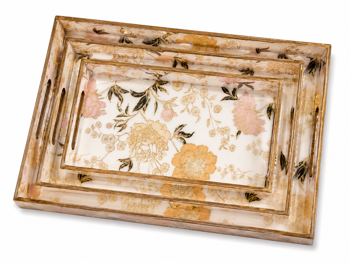 Blush Golden Bloom Rectangular Wooden Nesting Serving Tray Set | 3-Piece