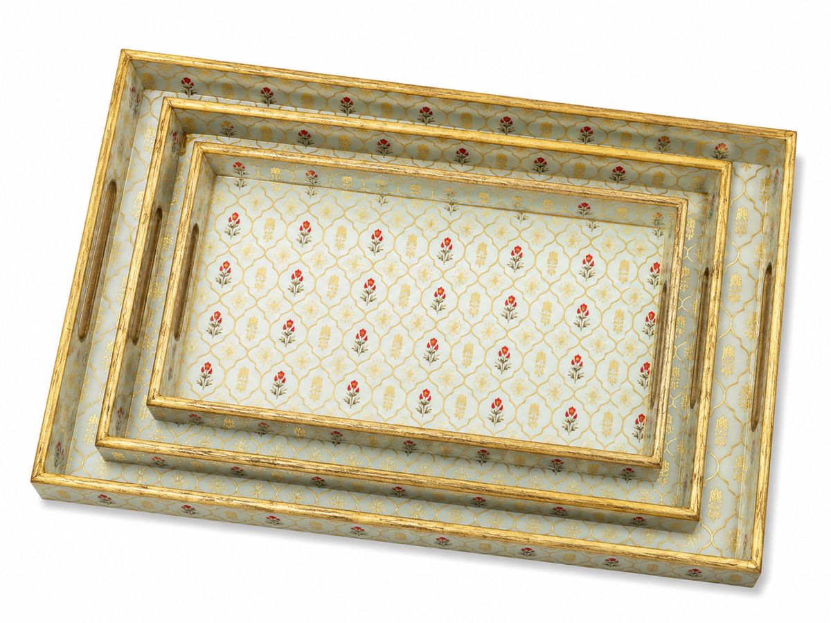 Royal Ivory Trellis Rectangular Wooden Nesting Serving Tray Set | 3-Piece
