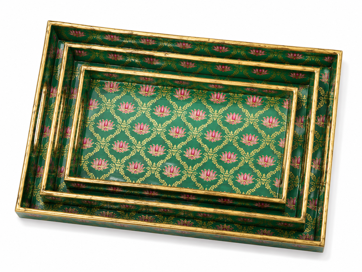 Emerald Lotus Heritage Rectangular Wooden Nesting Serving Tray Set | 3-Piece