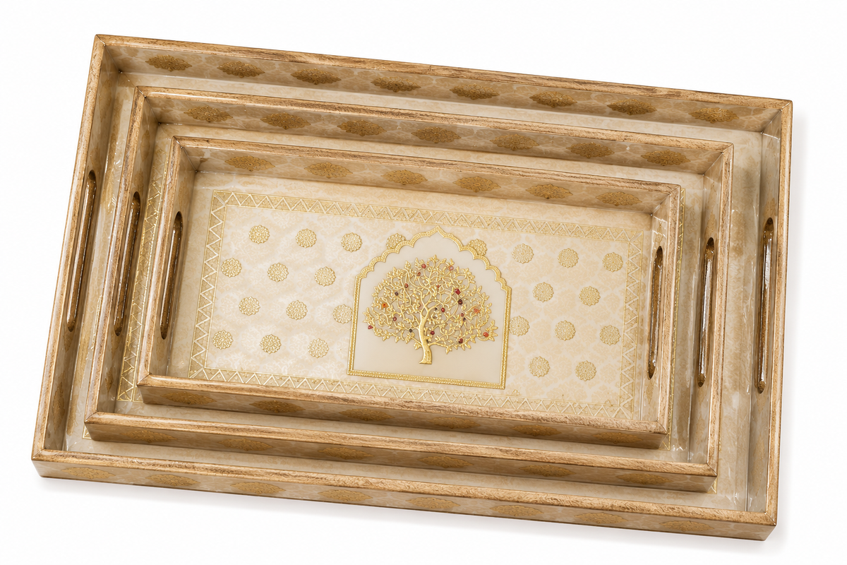 Tree of Life Heritage Rectangular Wooden Nesting Serving Tray Set | 3-Piece