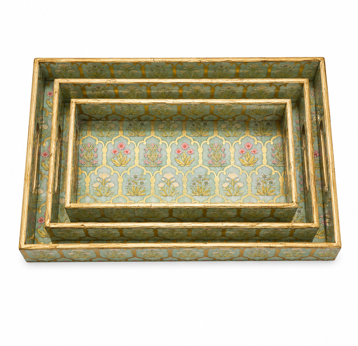 Gold Blossom Trellis Rectangular Wooden Nesting Serving Tray Set | 3-Piece