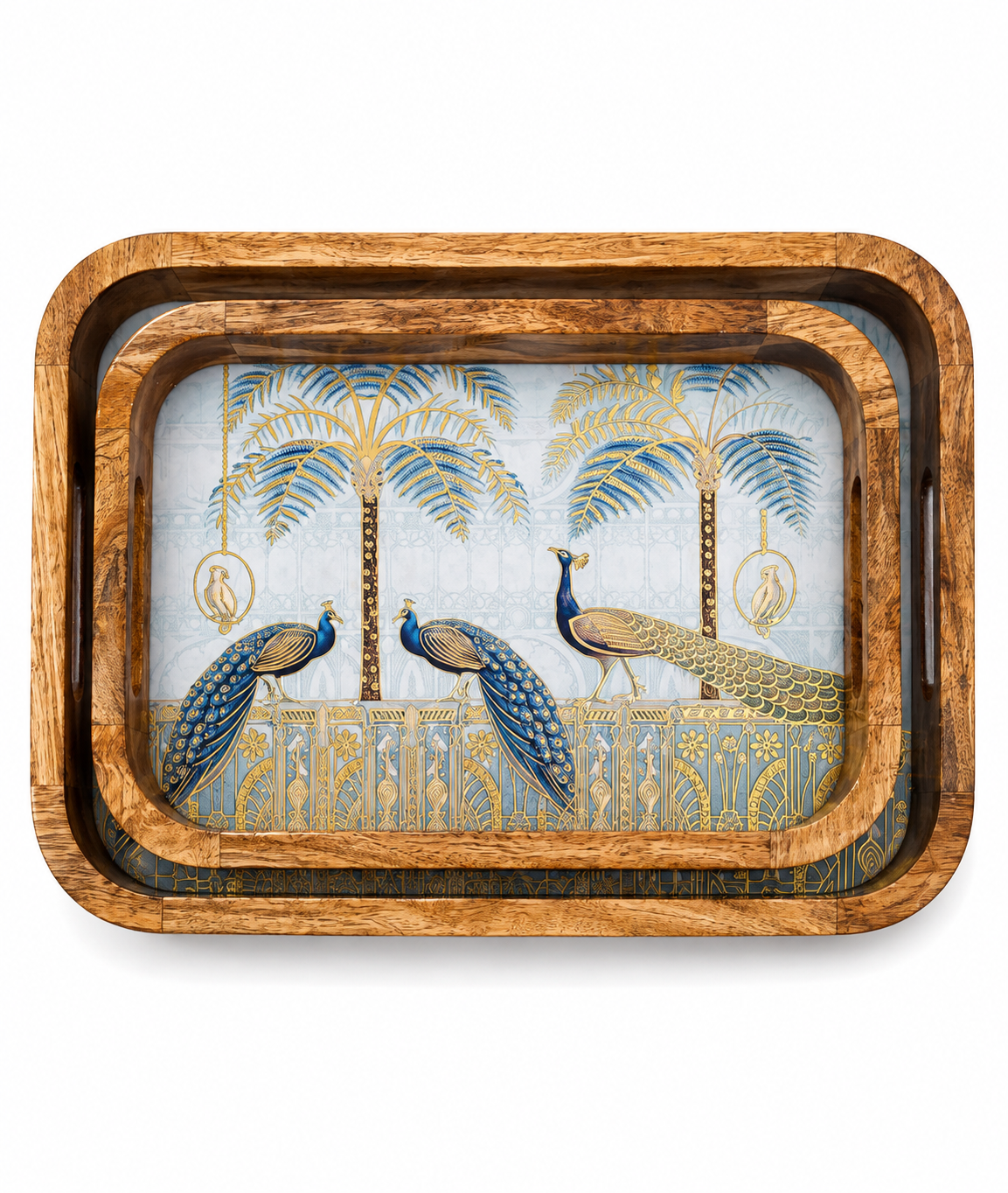 Royal Peacock & Palm Rectangular Wooden Nesting Serving Tray Set of 2