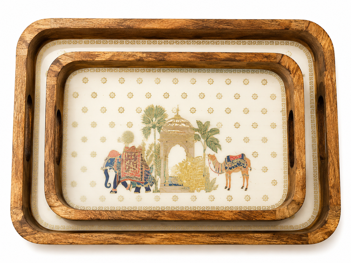 Royal Caravan Heritage Elephant & Camel Wooden Nesting Serving Tray Set of 2