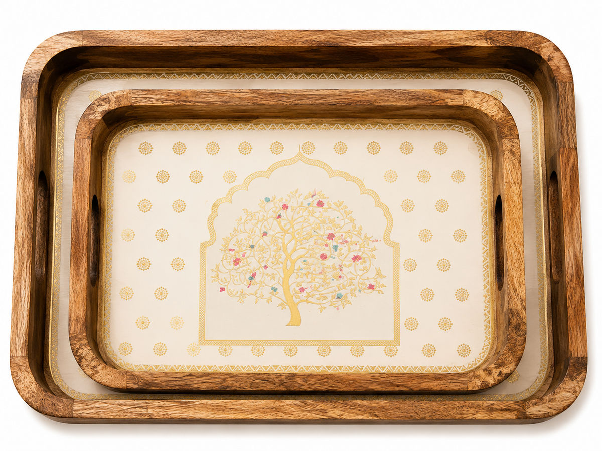 Tree of Life Rectangular Wooden Nesting Serving Tray Set of 2