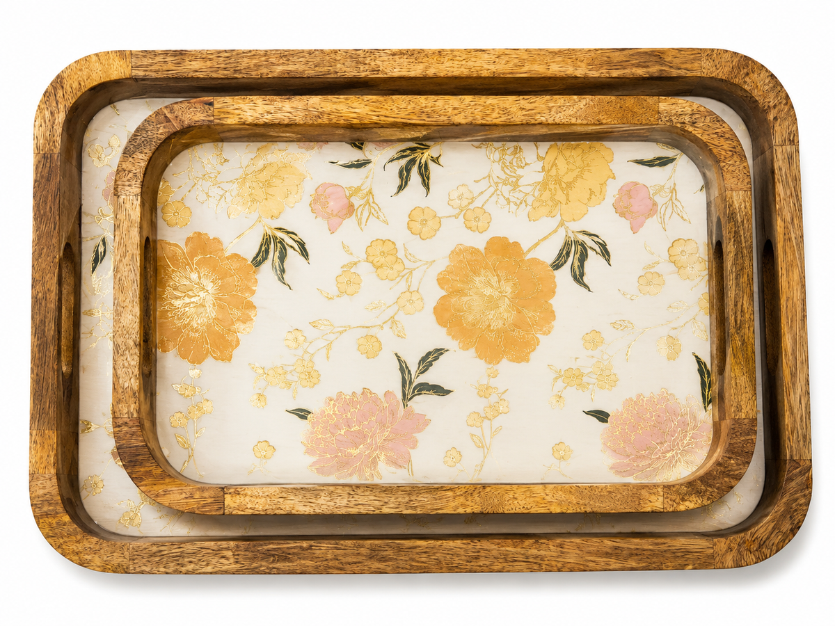 Peach Blossom Elegance Rectangular Wooden Nesting Serving Tray Set of 2