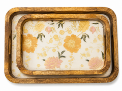Peach Blossom Elegance Rectangular Wooden Nesting Serving Tray Set of 2