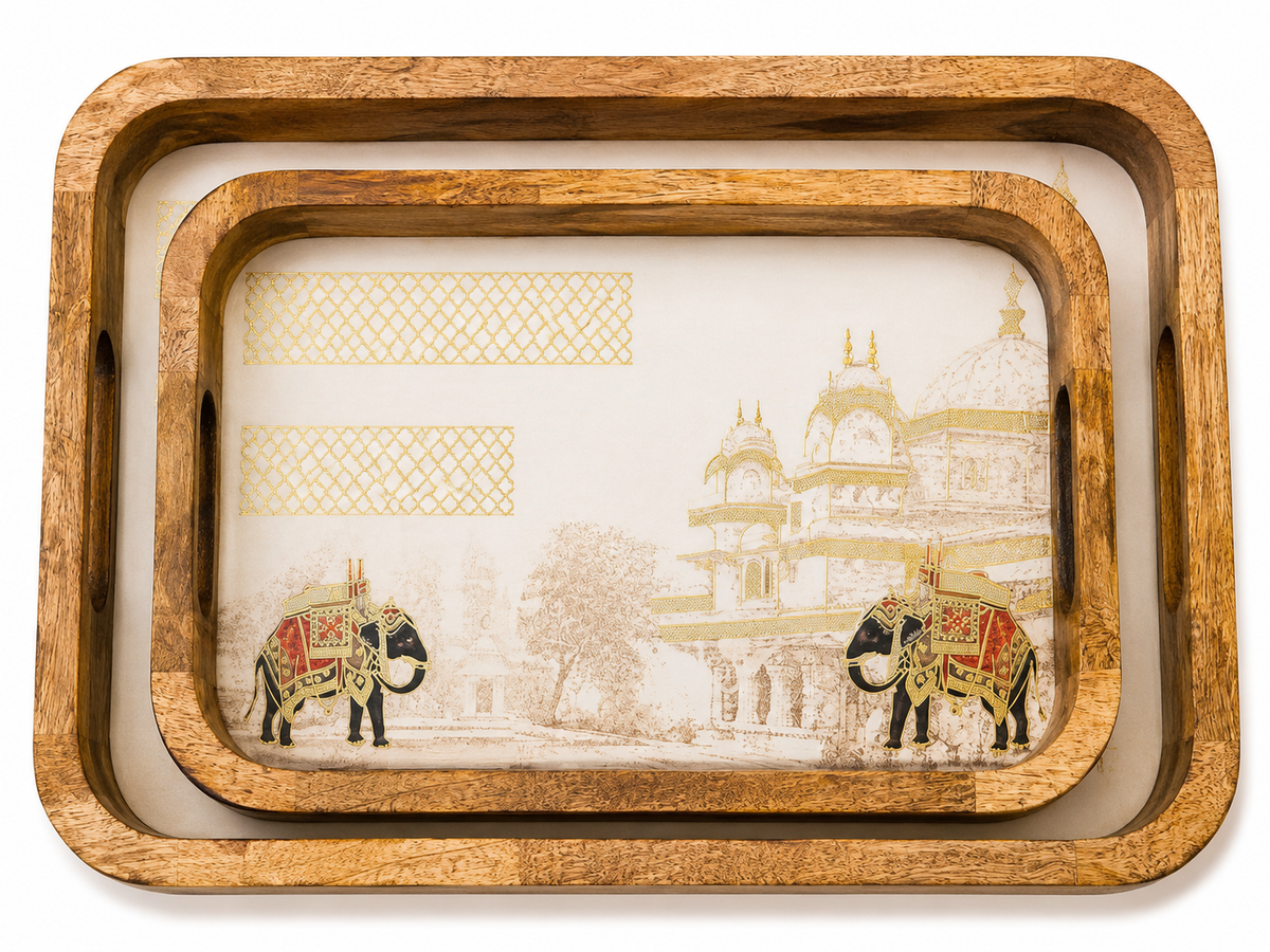 Black & Gold Elephant Royale Rectangular Wooden Nesting Serving Tray Set of 2