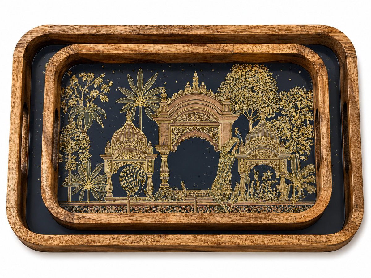 Midnight Peacock Palace Garden Wooden Nesting Serving Tray Set of 2