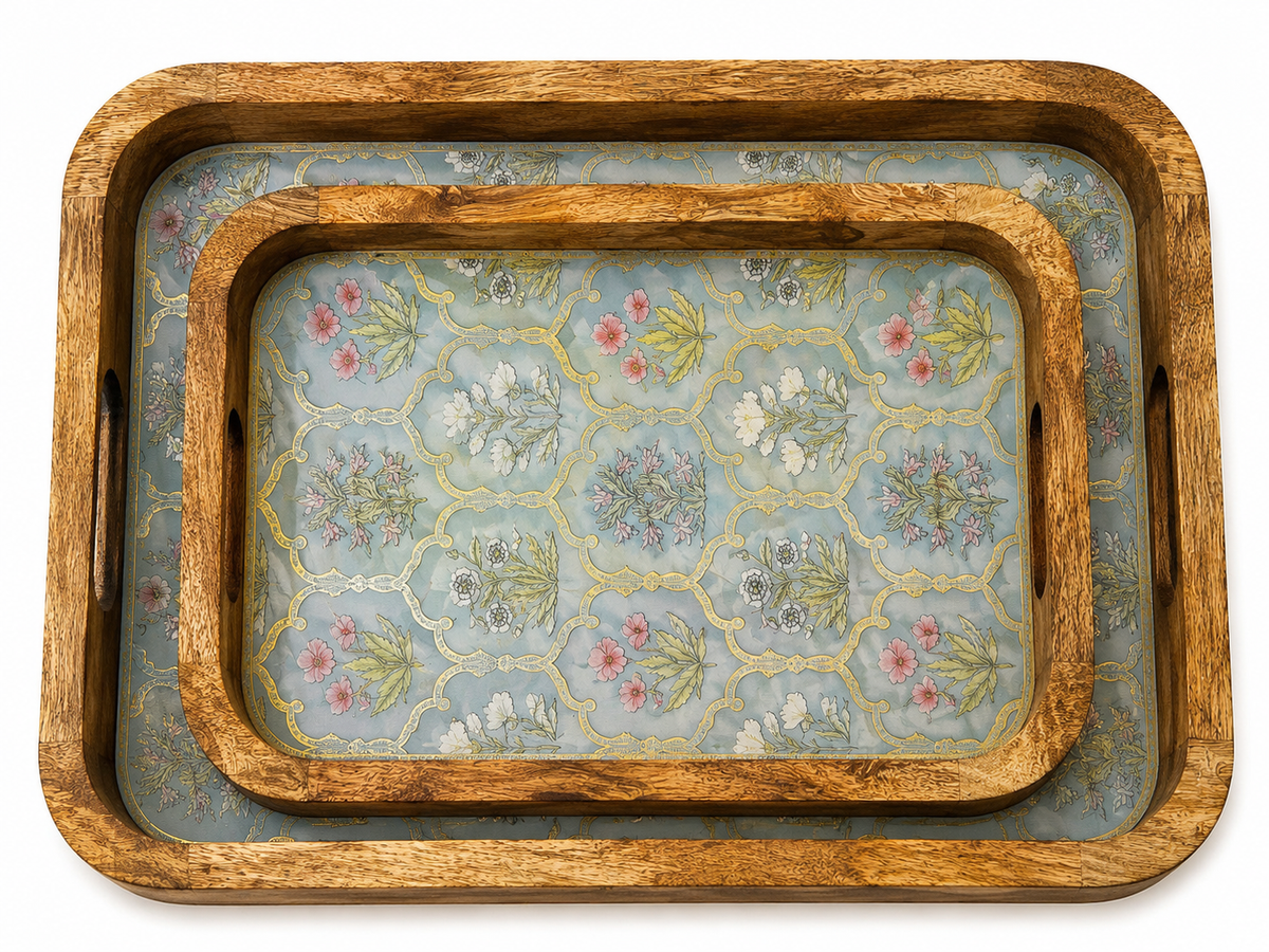Aqua Green Trellis Bloom Wooden Nesting Serving Tray Set of 2