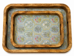 Aqua Green Trellis Bloom Wooden Nesting Serving Tray Set of 2