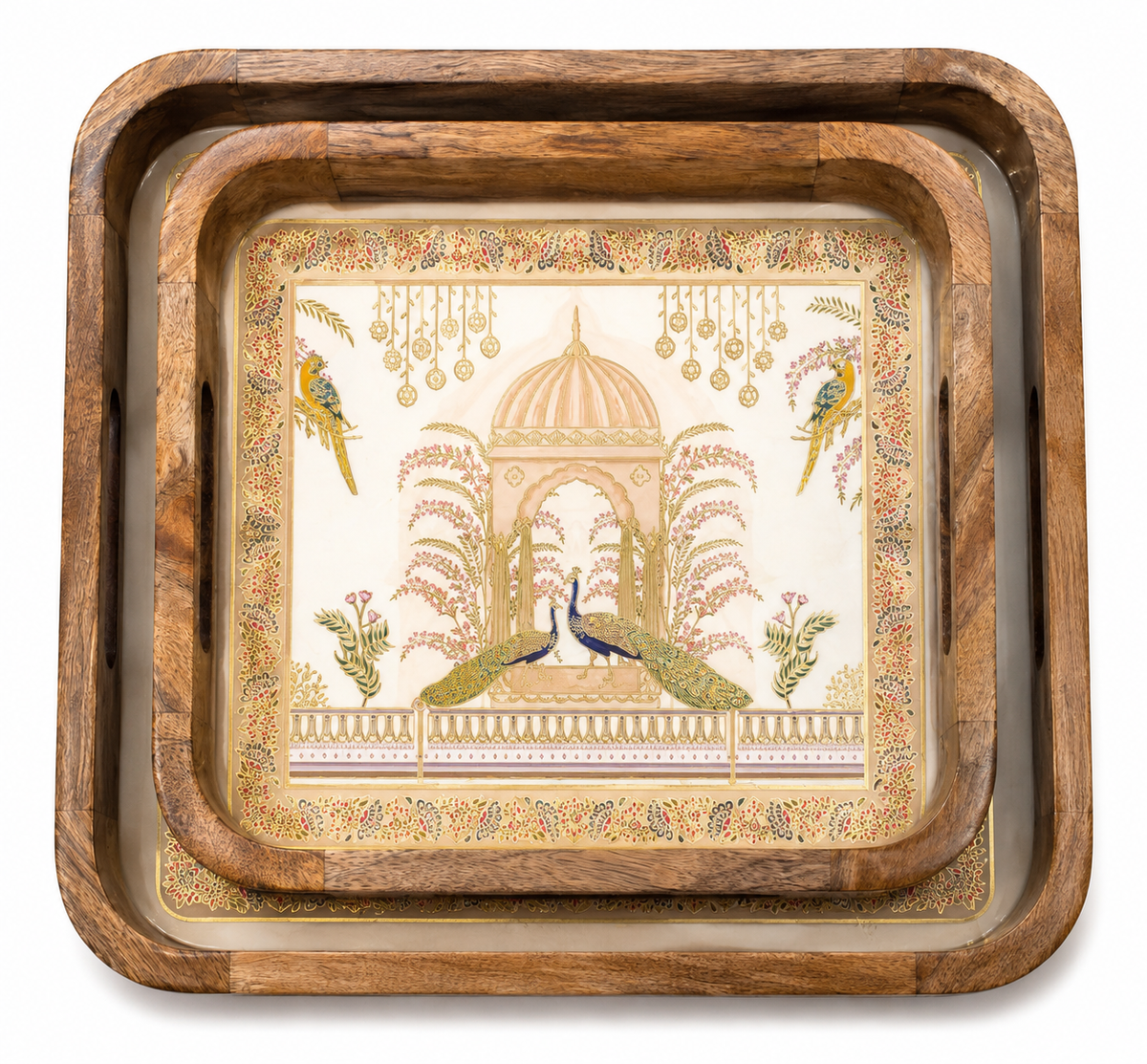Royal Peacock Pavilion Square Wooden Nesting Serving Tray Set of 2