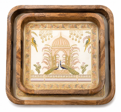 Royal Peacock Pavilion Square Wooden Nesting Serving Tray Set of 2