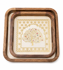 Tree of Life Square Wooden Nesting Serving Tray Set of 2