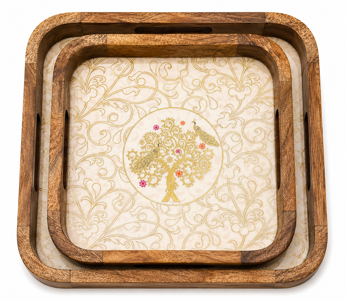 Peacock Tree Square Wooden Nesting Serving Tray Set of 2