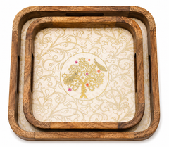 Peacock Tree Square Wooden Nesting Serving Tray Set of 2
