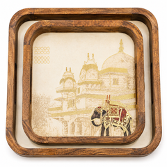 Royal Elephant Palace Square Wooden Nesting Serving Tray Set of 2