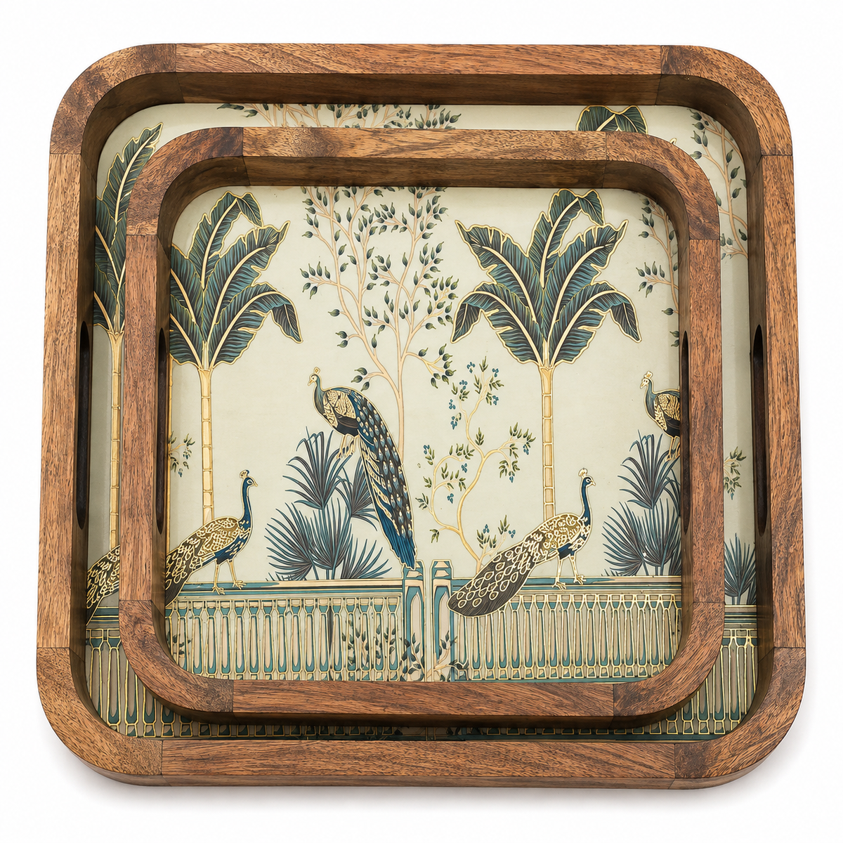 Royal Peacock Palm Square Wooden Nesting Serving Tray Set of 2